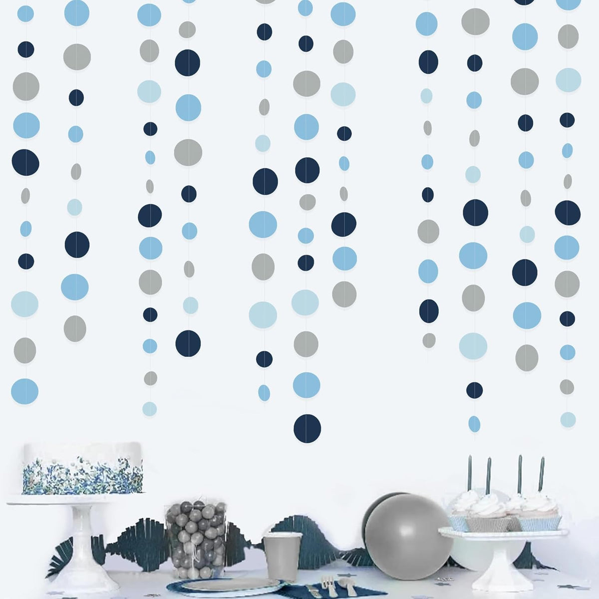 Dusty Blue Party Decorations Navy Blue Circle Dots Garland Gray Blue Hanging Paper Polka Dot Streamer for Wedding Baby Shower Engagement Bridal Shower Birthday Graduation Nautical Theme Party Supplies
