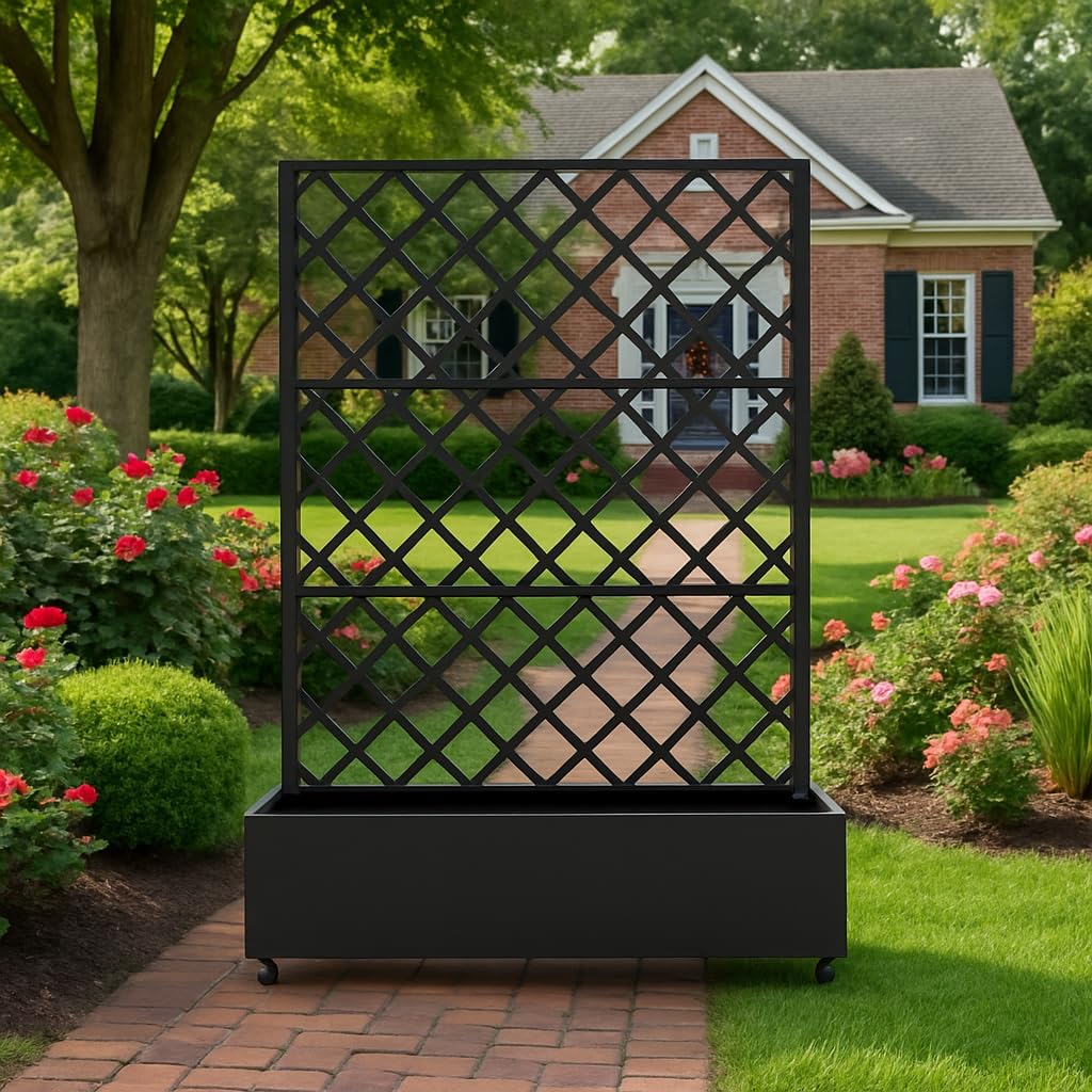 Metal Raised Garden Bed with Trellis and Wheels, 72"x47" Planter Box for Climbing Plants, Vegetables & Vines, Features Drainage Holes and Privacy Screen