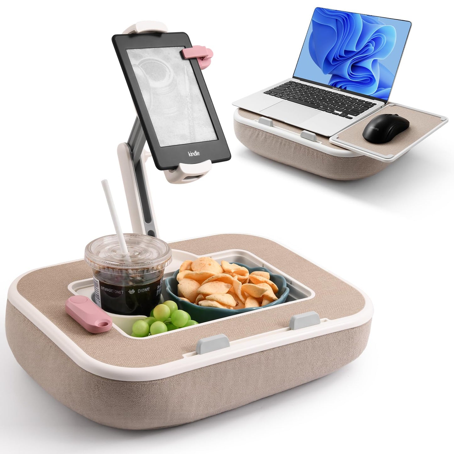 WISFISSH Tablet Pillow Stand with Snack Bowl and Writing Board, 360° Rotating Phone Holder for 4.7-13" Phone Kindle Tablet, Pillow Kindle Holder for Reading in Bed, Couch,Recliner,Floor Etc-Beige