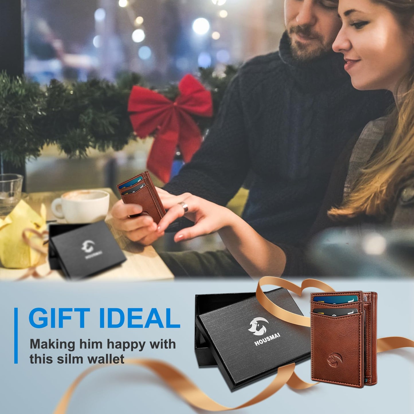 Housmai Trifold Leather Wallet for Men,with Cash Pocket 2 ID Window 14-16 Cards Magnetic Closure Slim Wallet 4.0"*3.1", RFID Blocking Front Pocket Wallet with Gift Box