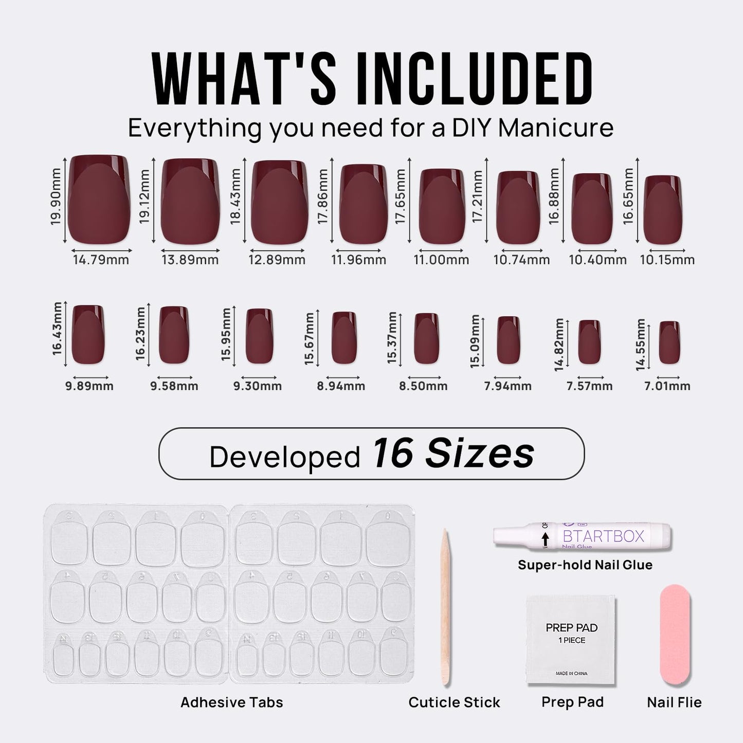 BTArtbox Press on Nails Short Square - Dark Red Nails with Glossy French Tips in a Matte Finish, Soft Gel Fake Nails Glue On Nails in 16 Sizes, Cozy Cocoa