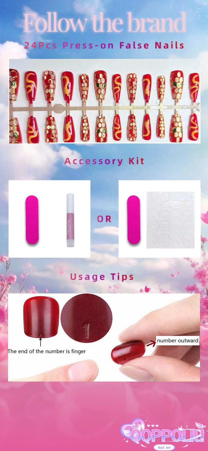 QQPPOLIU Red Press on Nails Coffin Shape Glue on Nails with Snake Pattern Design Fake Nails Long Nails Press Ons for Women and Girls 24Pcs