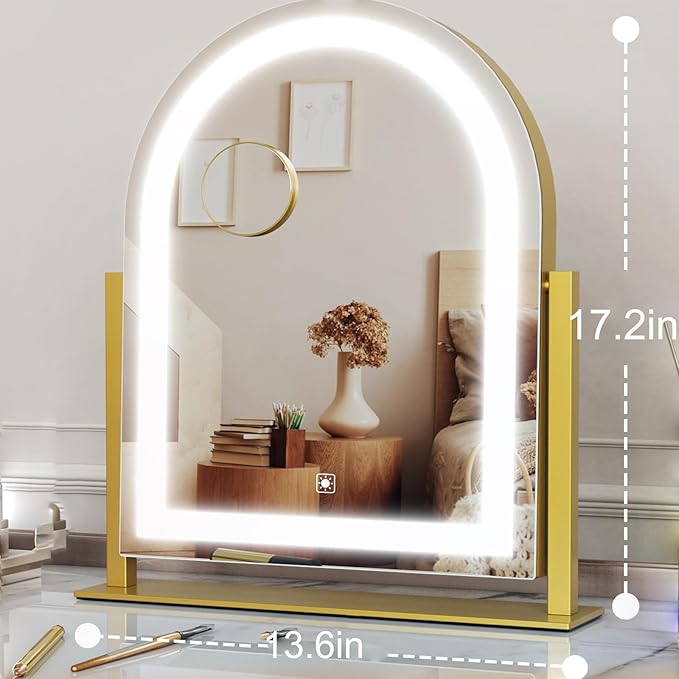 Arched Makeup Vanity Mirror with Lights 17.2" Large LED Lighted Mirror, Hollywood Make Up Mirror with Lighting, Smart Touch, 360° Rotation, (Gold,Gift Box)