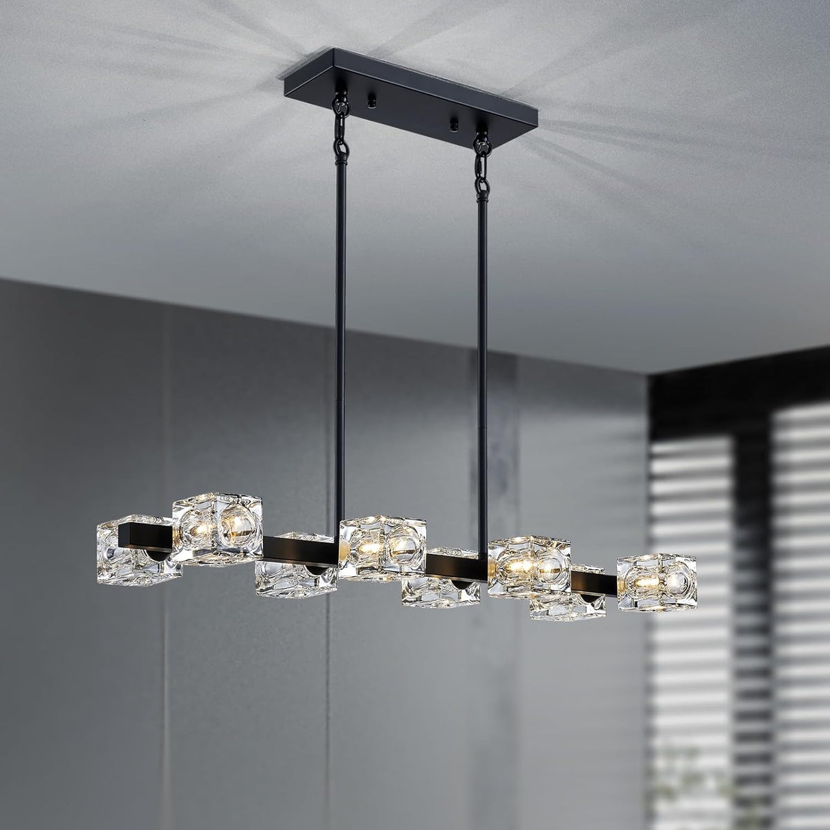 XINGQI Modern Chandeliers for Dining Room Over Table, 8-Light Rectangular Kitchen Island Light Fixture, Linear Farmhouse Metal Glass Black Vintage Hanging Lamp for Living Room Bar