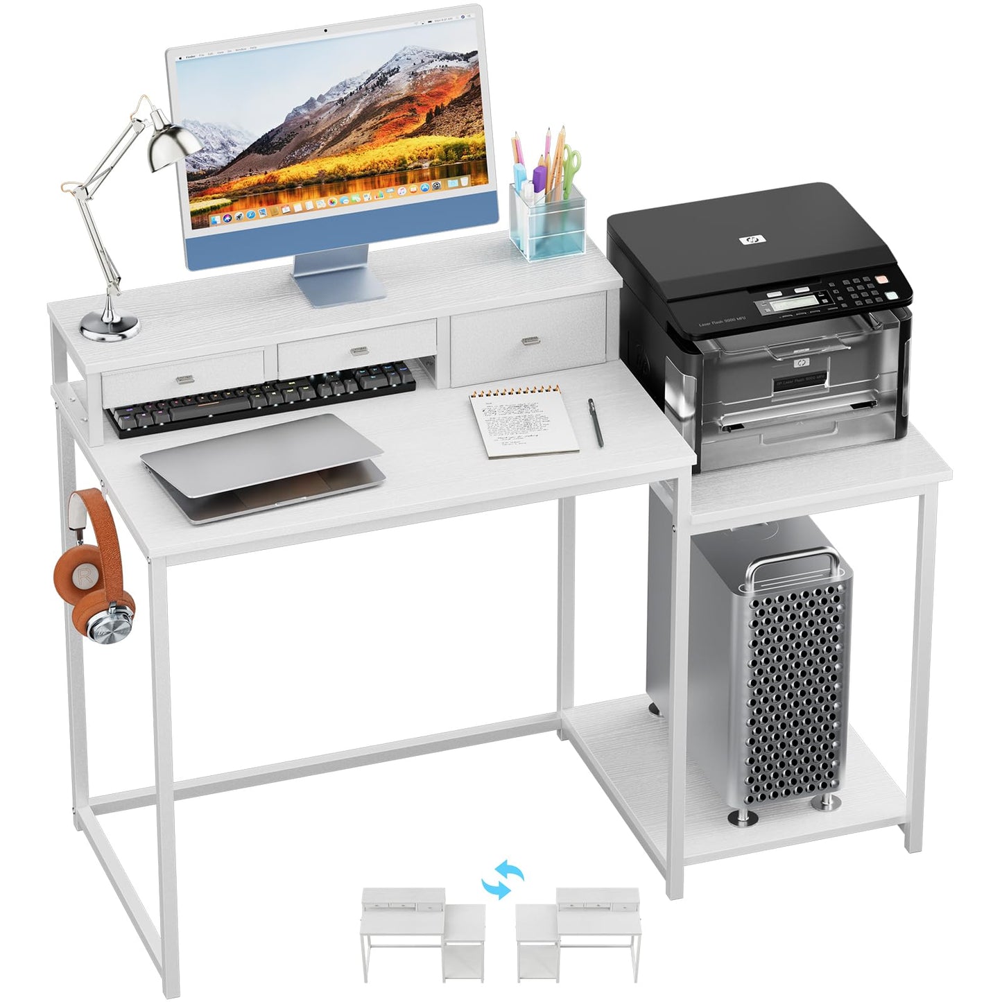 SINPAID 47 inch Computer Desk with Printer Shelf, Gaming Desk with Monitor Stand and Drawers, Reversible Home Office Desk with Storage Shelves and 2 Hooks, Home Workstation for Study Writing, White