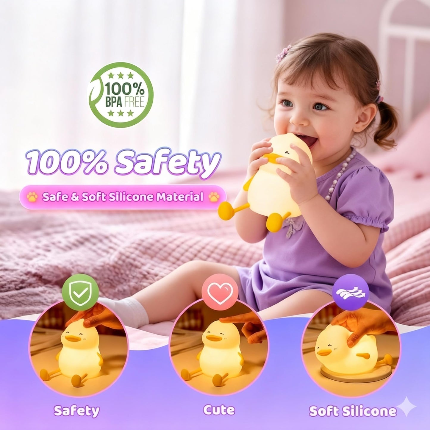 Duck Night Light for Kids, Cute Silicone Animal Nursery Lamp, 3 Level Dimmable Rechargeable LED Nightlight, BPA Free Food Grade Silicone, Eye Caring Soft Warm Light for Baby Toddler Breastfeeding