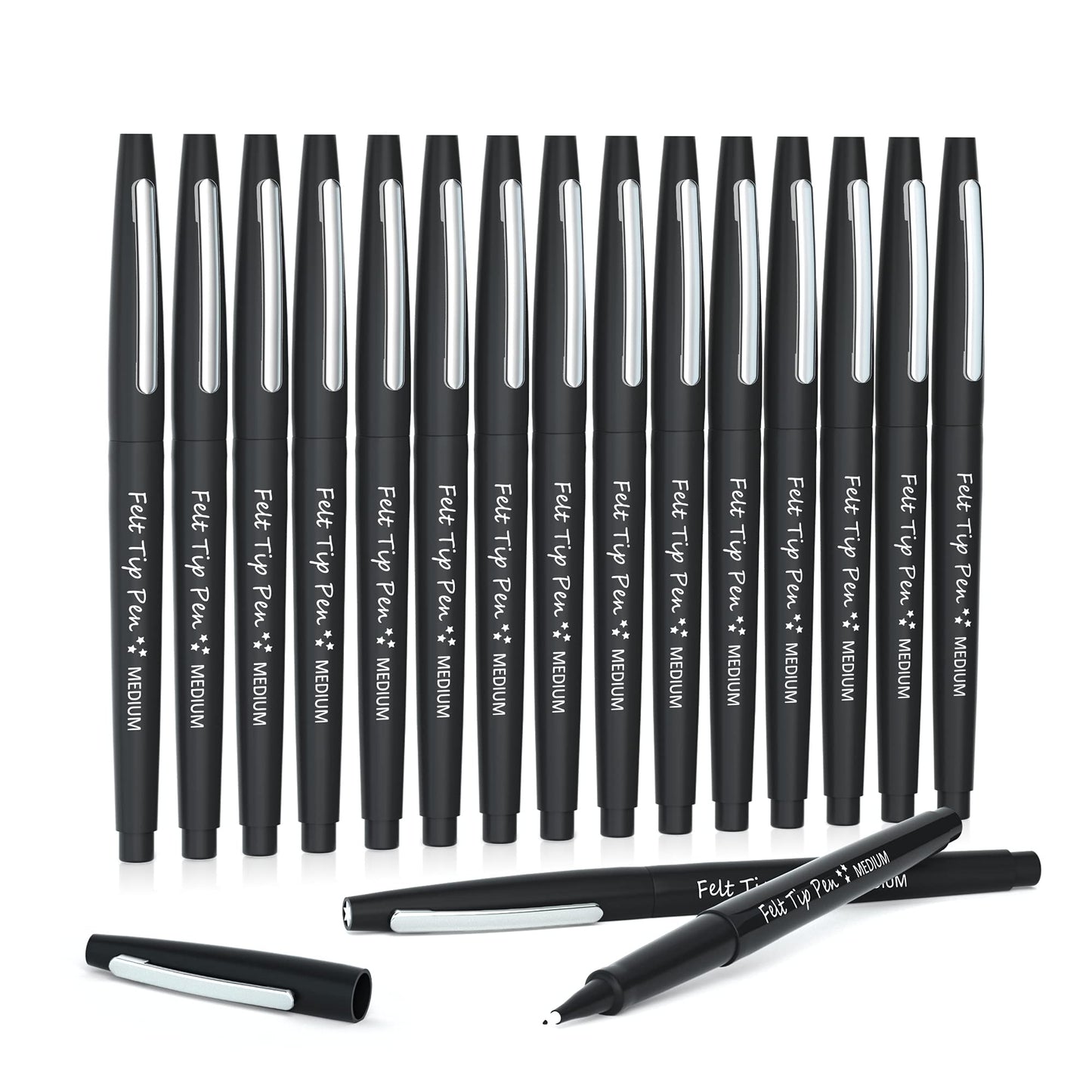 Lelix Felt Tip Pens, 15 Black Pack, 0.7mm Medium Point, Felt Tip Markers Pens for Journaling, Writing, Note Taking, Planner, Perfect for School Office and Art Supplies