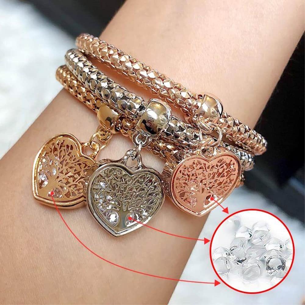 SILANER Crystal Charms Multilayer Bracelets - 3PCS Gold/Silver/Rose Gold Corn Chain Bracelet for Women, Tree of Life Heart Shaped Stretch Bracelet (12 PCS)