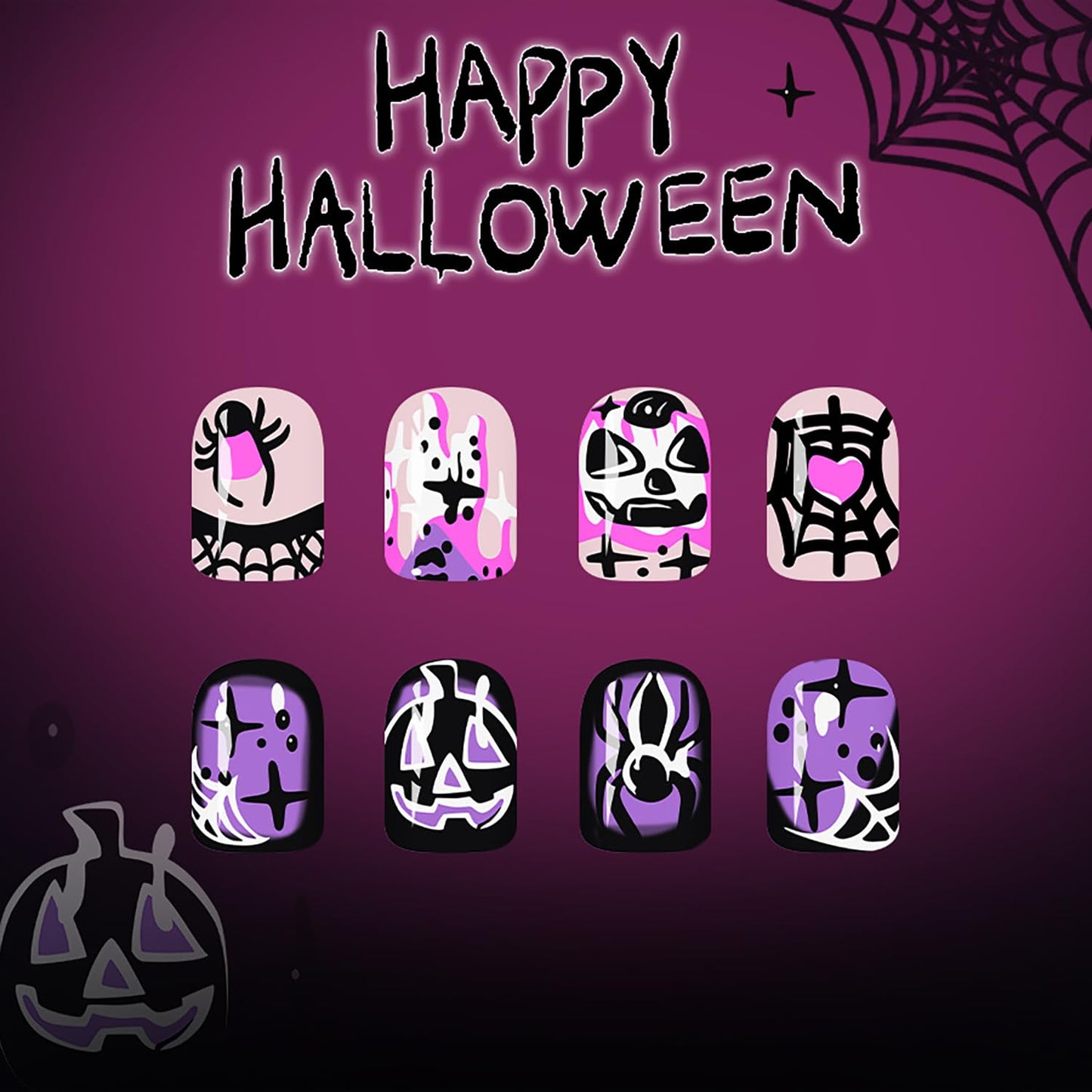 CJDLTS 24Pcs Halloween Press on Nails Short Square Spider Pumpkin False Nail Acrylic Artificial Fingernails Heart Spider Web Flame Design Full Cover Glossy Festival Stick on Nails for Women Supplies