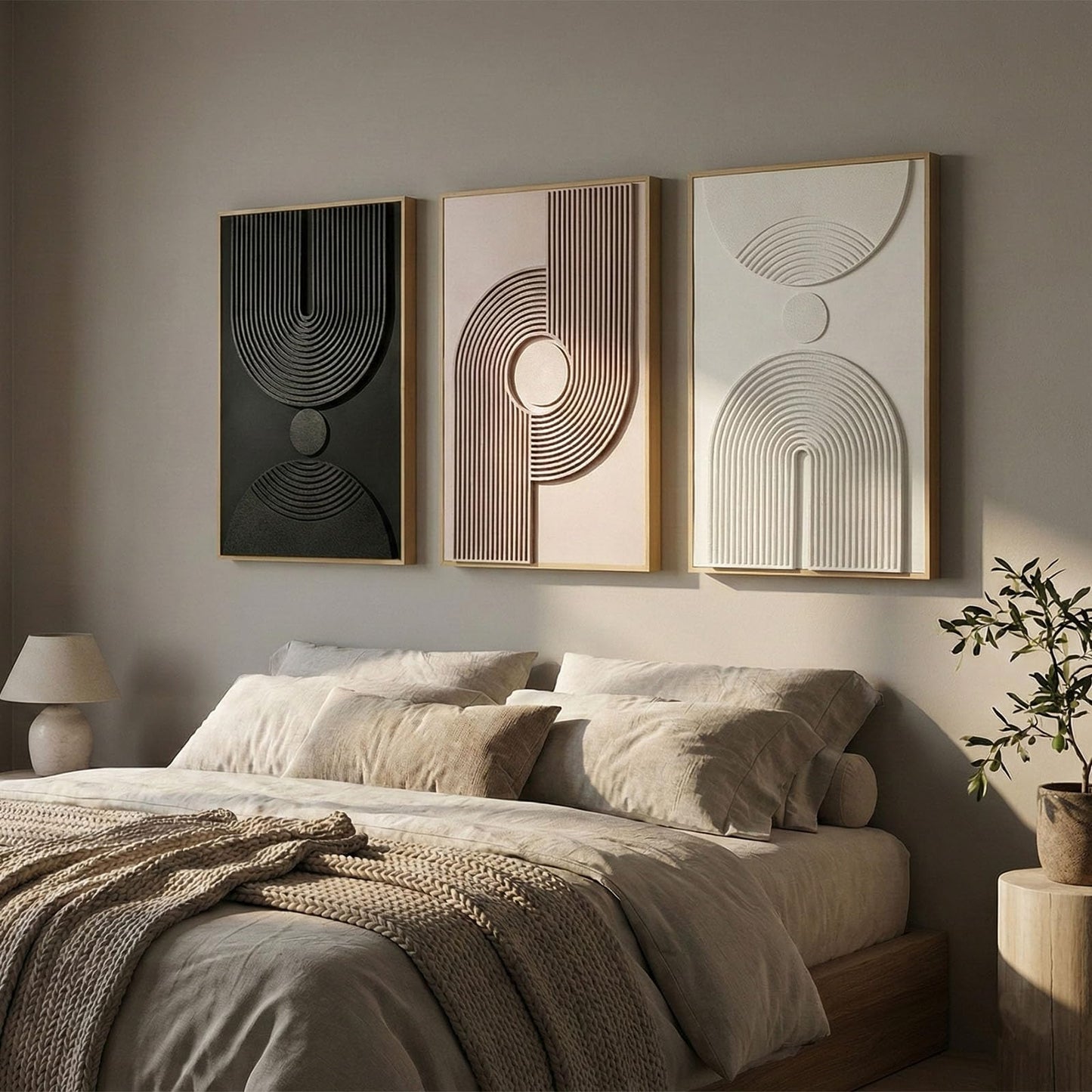 Framed 3D Textured Boho Neutral Abstract Wall Art for Bedroom, 3 Piece Mid Century Modern Artwork for Walls, Creamy White Brown Relief Sculptures for Diningroom Hallway Wall Decor 16x24 In
