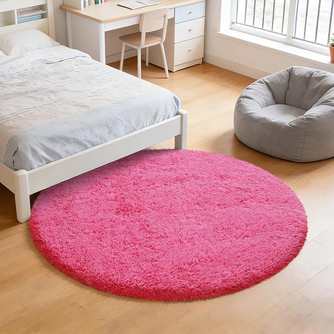 yulidayang Fluffy Round Area Rugs for Living Room,Hot Pink 6'X6'Shag Circle Area Rugs for Bedroom,Non Slip Fuzzy Plush Rug for Kids Room Boys Girls Room and Dorm