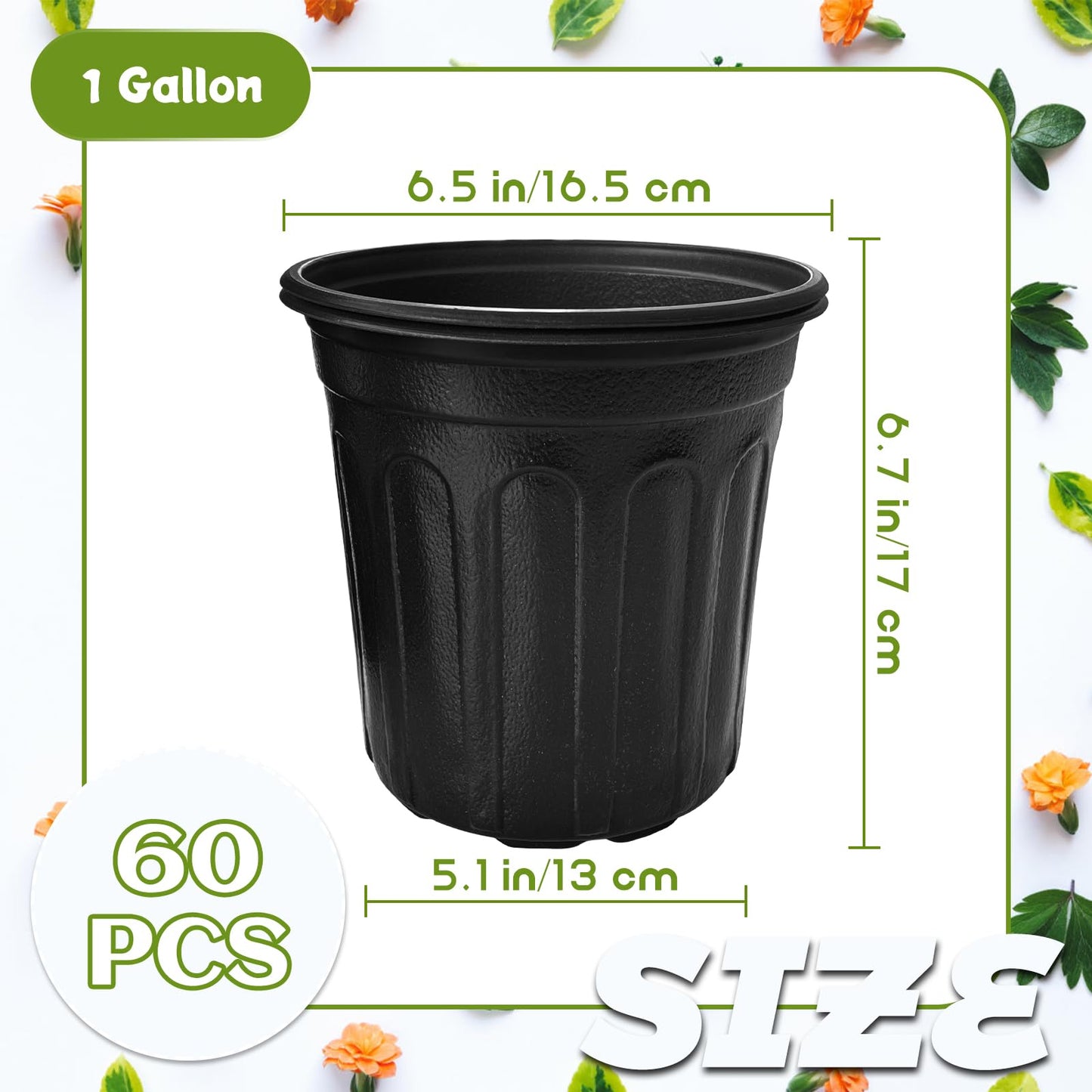 OJYUDD 60 Pack 1 Gallon Flexible Plant Nursery Pots,Thickened Soft Plastic Seed Starting Pots,Plastic Plant Container with Hole for Flower Seedling,Succulents,Cuttings,Transplanting(Black)