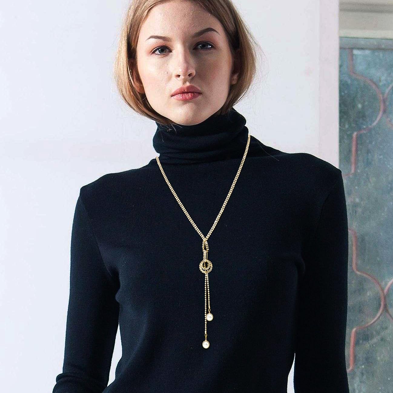 Suyi Trendy Crystal Long Necklace All-Match Style Shining Clothing Sweater Chain Pearl Gold 2