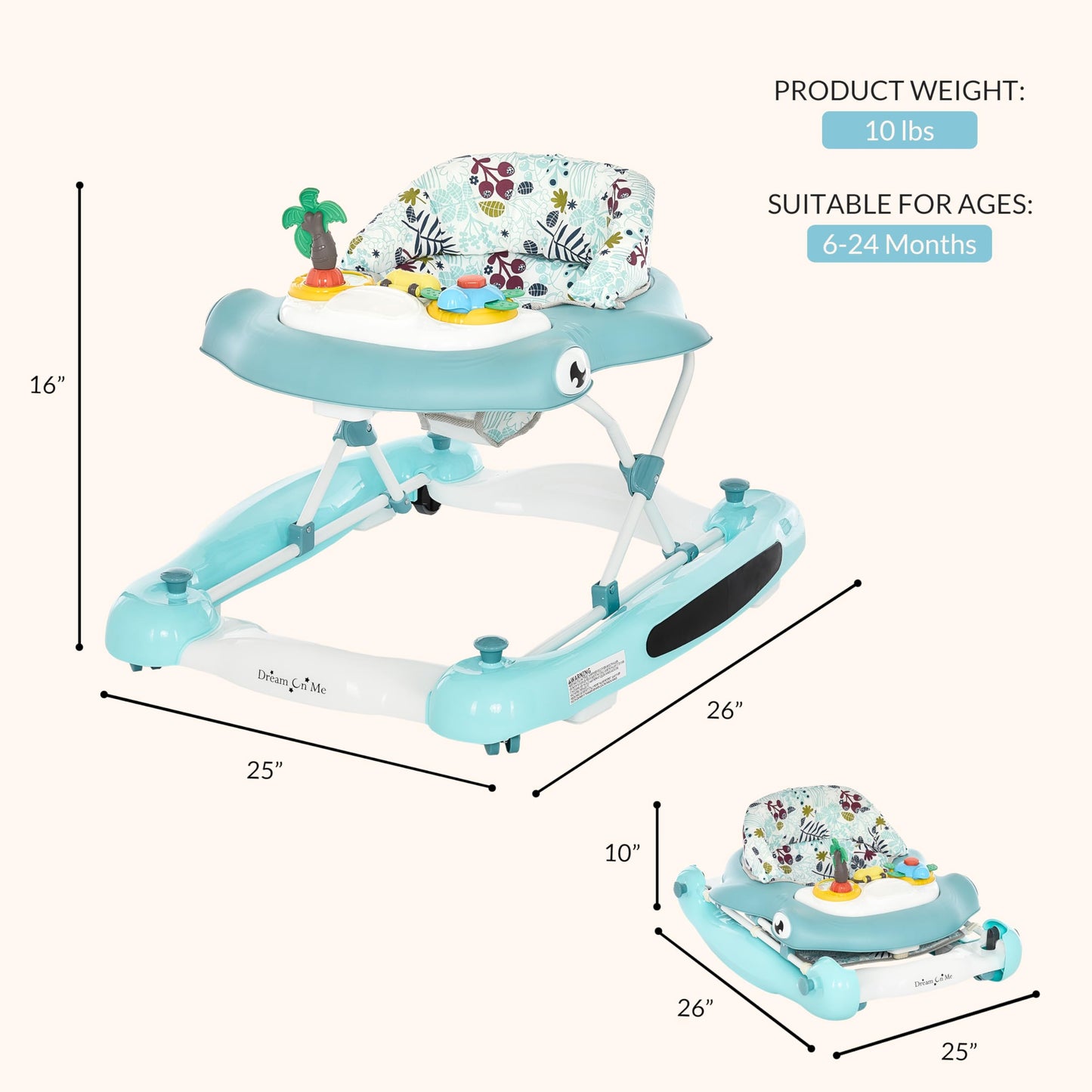 Dream On Me Aloha Baby Walker, 2-in-1 Foldable Infant Activity Walker with Adjustable Height, Musical Toy Tray, Padded Seat & Removable Foot Mat, Compact Folding Design for Babies 6–36 Months - Blue