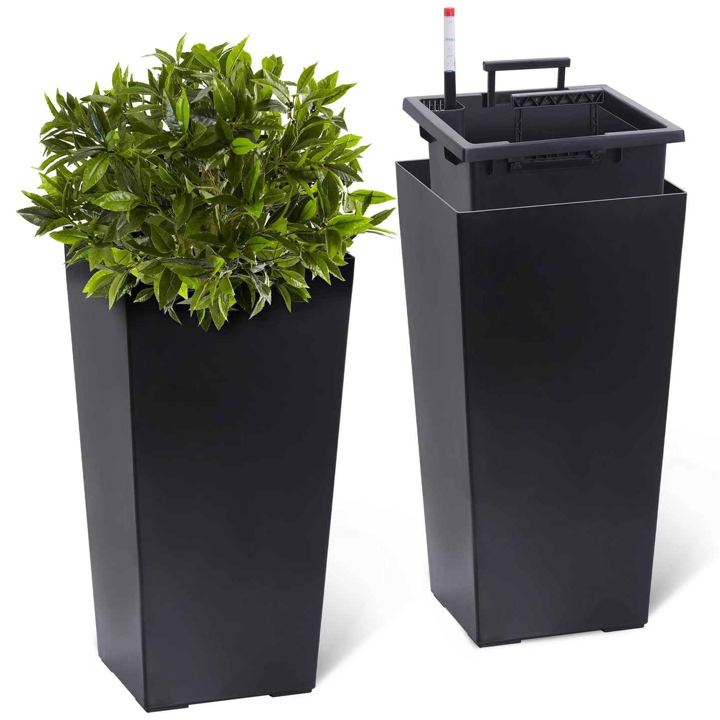 Black Planters Outdoor Set of 2, 22 Inch Tall Plastic Planter with Drainage Holes & Water Level Monitor & Inner Bucket, Indoor & Outdoor Large Planters for Front Porch, Patio, Balcony, Living Room