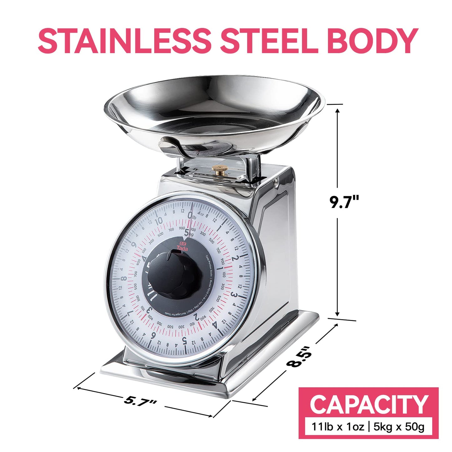 Tada 11lb Analog Mechanical Kitchen Weighing Food Scale with Bowl, Tare Function, Retro Style, Stainless Steel