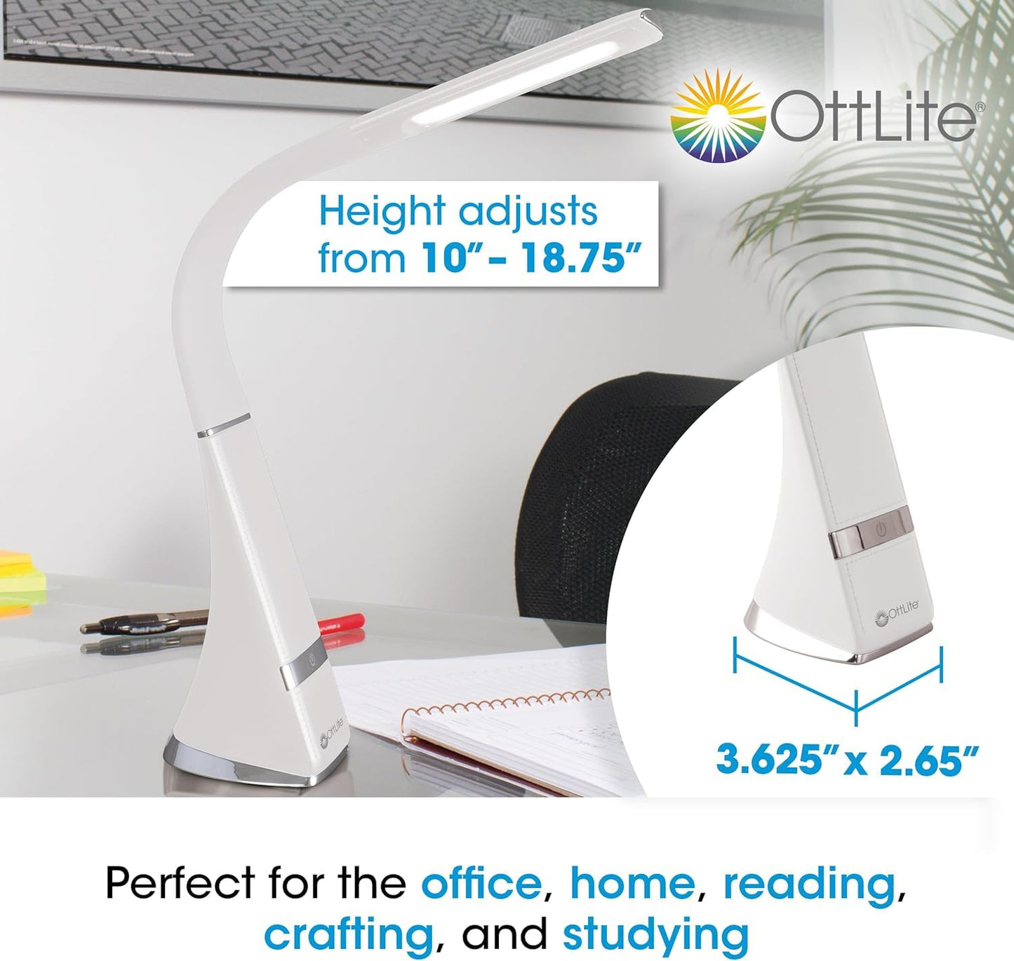 OttLite Recharge LED Desk Lamp with ClearSun LED Technology - Portable, Dimmable & Flexible Gooseneck - Travel-Friendly Task Lamp with Rechargeable Battery - for Home, Reading, Office & College Dorms