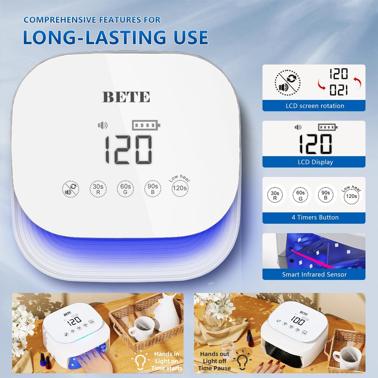 BETE 60W Cordless UV LED Nail Lamp - Rechargeable Gel Polish Dryer with Auto Sensor, 30 Beads & 4 Timer Settings Portable for Home/Salon White