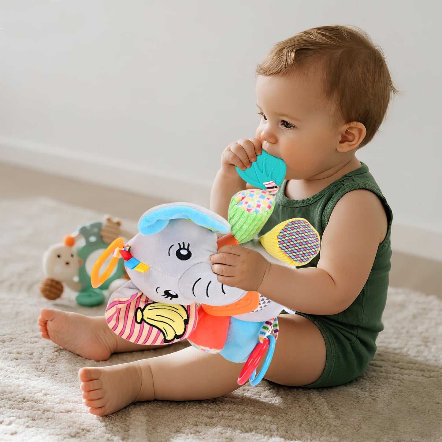 CaftyMids Baby Toys 0-6-12 Months: Elephant with Detachable Touch-Sensitive Sound Box (30 Sounds), Removable Bib, Teether, Rattle, BB Squeaker, Mirror | Attaches to Strollers, Car Seats, Carriers