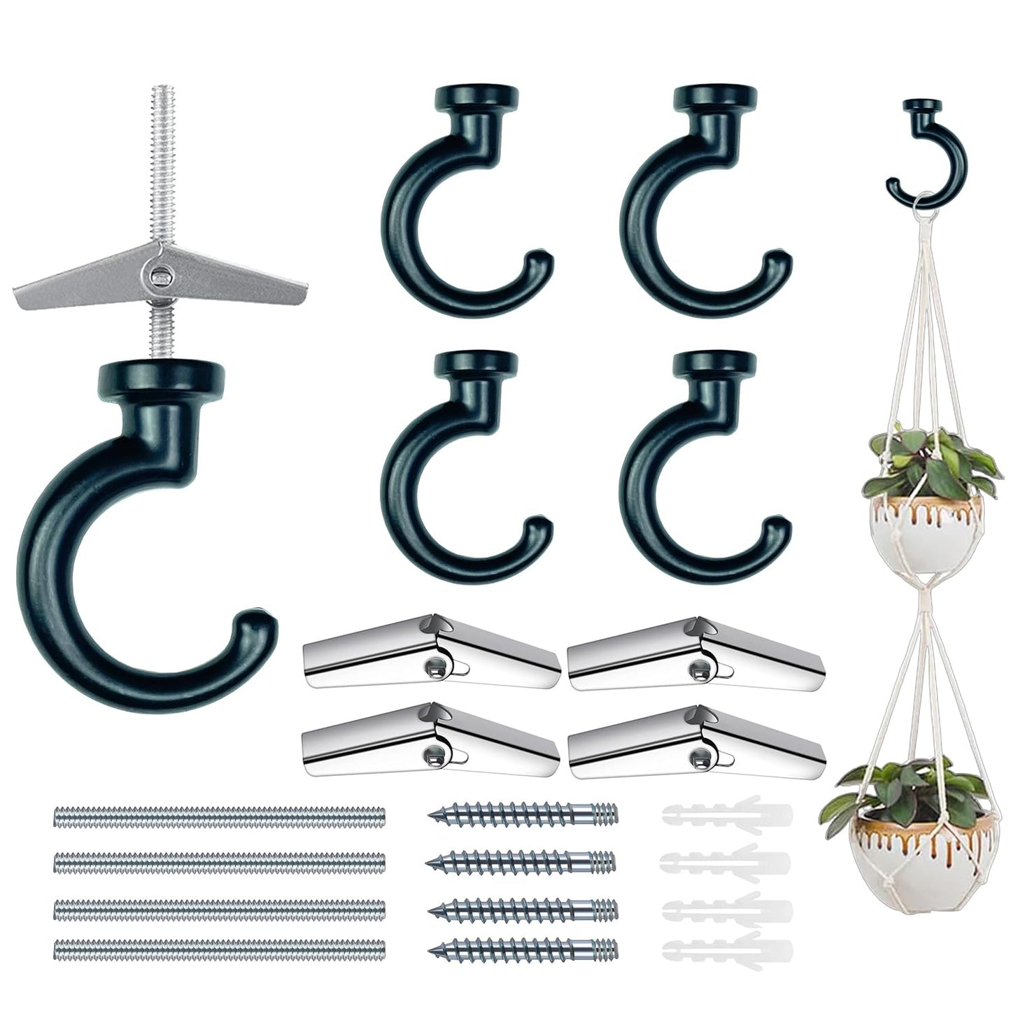 OBSTKUCHEN Large Swag Ceiling Hooks Heavy Duty Swag Hook with Hardware for Hanging Plants Ceiling Installation Cavity Wall Fixing (4 Sets, Black)