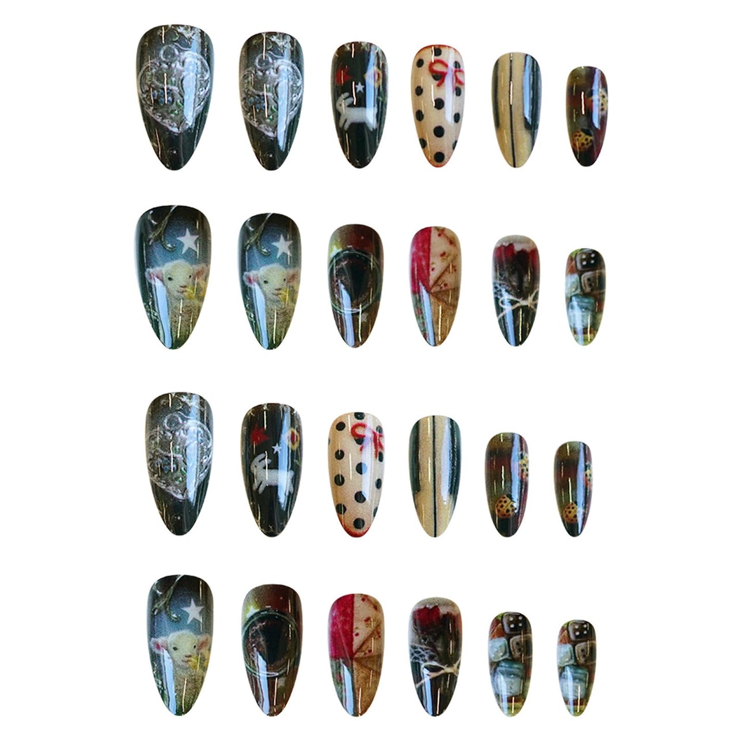 IMRAIN Press on Nails Medium Almond Fake Nails with Rose, Lamb Designs Glue on Nails Acrylic Glossy Full Cover False Nails for Women