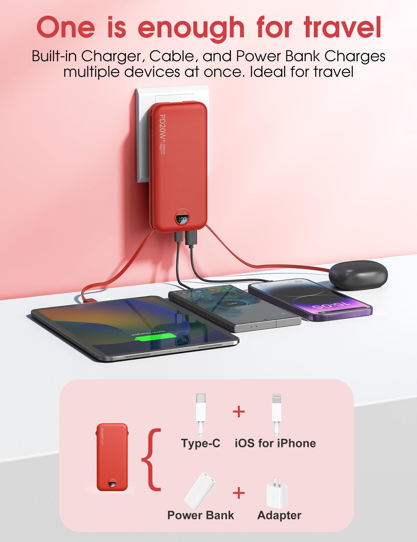 citicr Portable Charger Power Bank, 10000mAh PD20W USB C Fast Charging with Built-in Cables & Wall Plug, 5-in-1 Battery Pack with LED Display, Ultimate Travel Essential for iPhone, iPad, Samsung Red