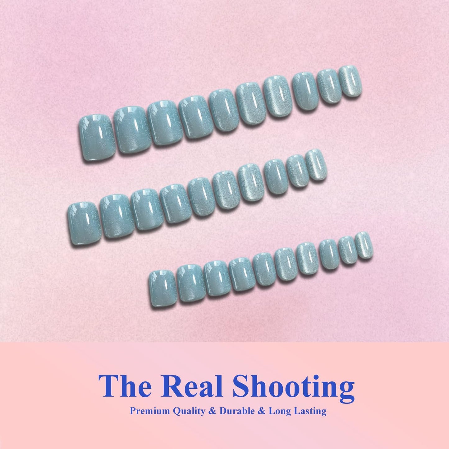KQueenest Cat Eye Press On Nails Short - Light Teal Blue Press On Nails Square, 30 Pcs 15 Sizes Sparkly Glitter Fake Nails Press ons, Thick Quality, Reusable Small Glue on Nail for Women Summer