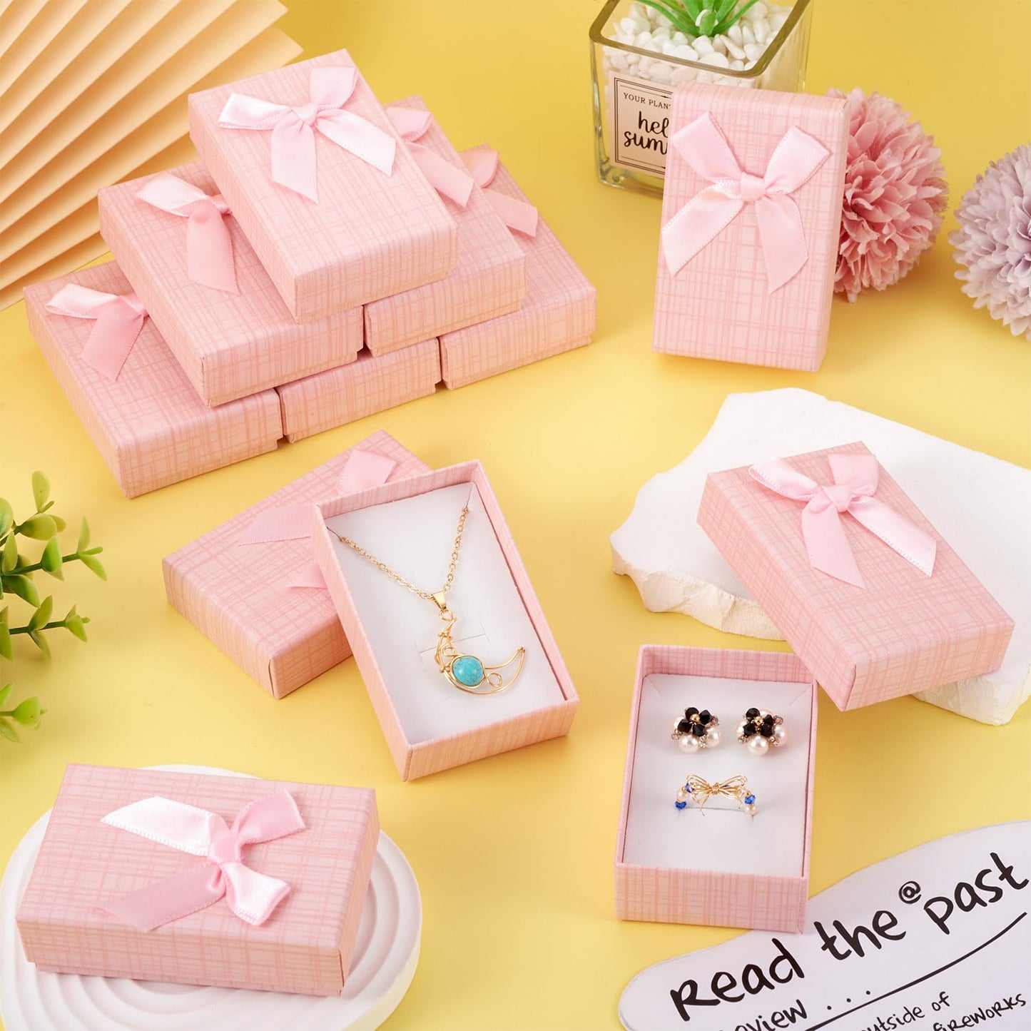 Craftdady 12 pcs Jewelry Gift Box Set Empty Packaging Cases with Bowknot Rectangle Cardboard Paper Jewelry Boxes with Lid for Necklaces Rings Earrings Pendants Displaying (Pink)