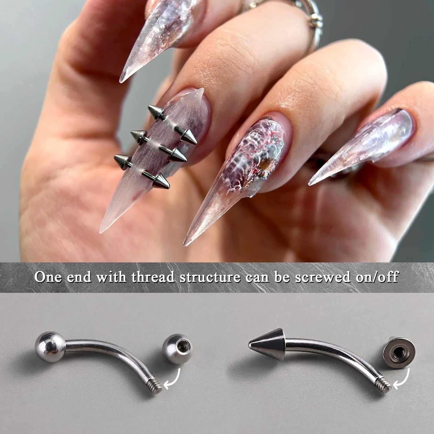 Furtherpretty Piercing Nail Charms Set, 3D Silver Alloy Goth Punk Nail Art Decorations, Triangle Spike Rivets & Metal Rings, Y2K Pierced Nail Charms for DIY Manicure & Salon Accessories