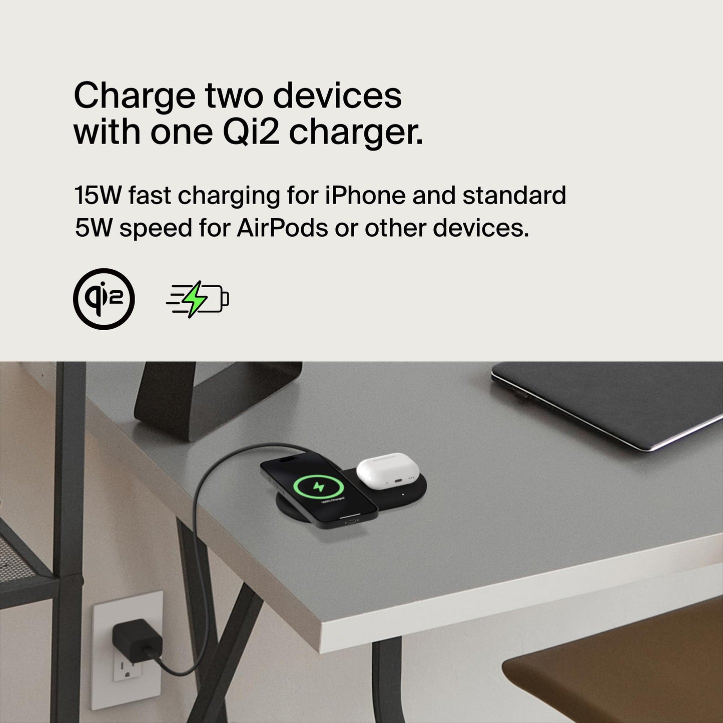 Belkin 2-in-1 Wireless Charging Pad w/ Qi2 15W + Additional USB-C Port - MagSafe-Compatible Charger, Charging Station for iPhone 16 & 15 Series, Samsung Galaxy S25 Series, AirPods, & More - Black