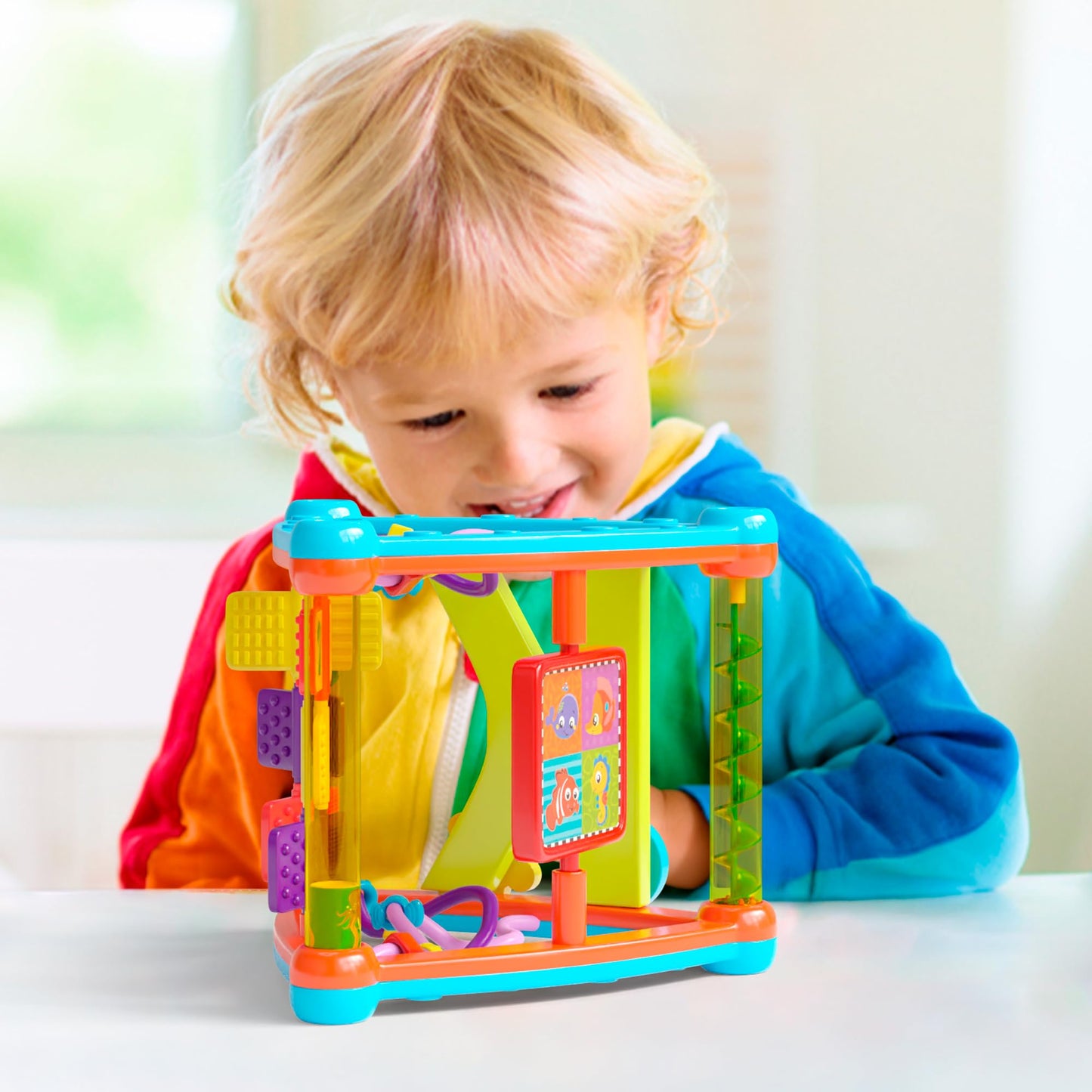 Lollipop Interactive Toddler Activity Triangle - Montessori Toys for Toddlers - Activity Cube for Play and Learning Educational Busy Cube with Shapes, Colors, and Spinners