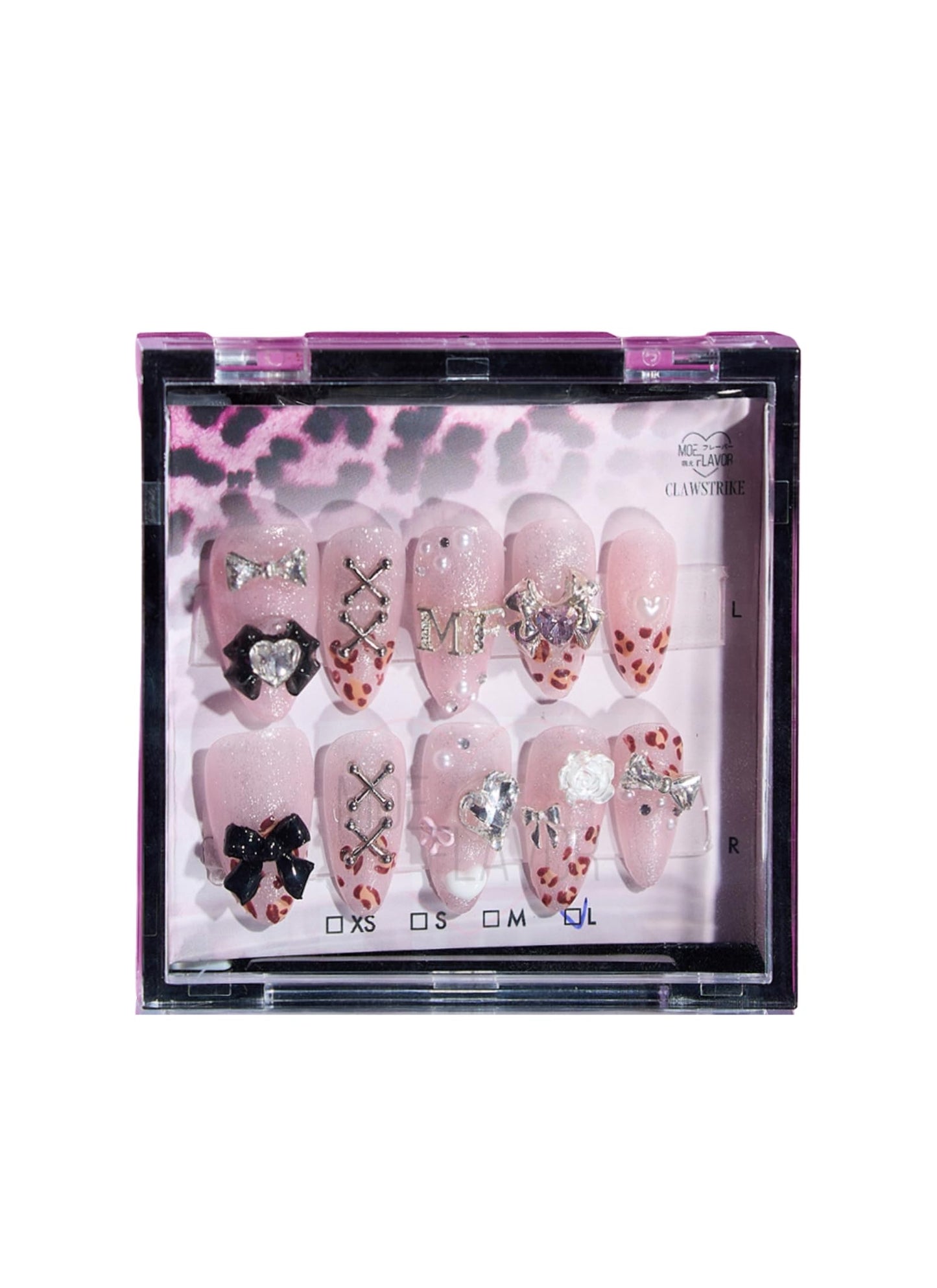 Gyaru Glam Leopard Print Press-On Nails – Kawaii Cosplay Nails with Glitter, Bows & Charms - Costume Accessory (Gyaru, M)