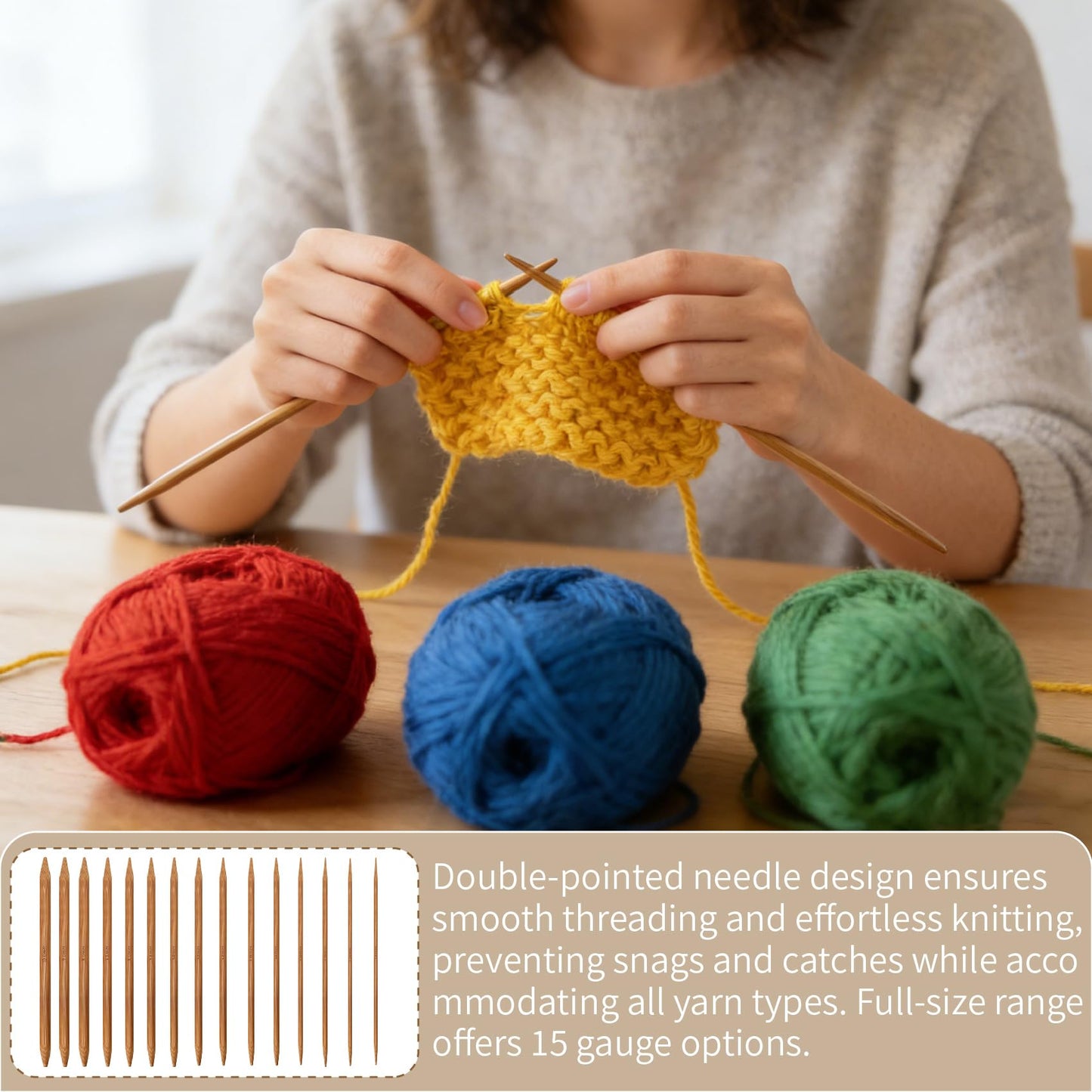 75-Piece Bamboo Double Pointed Knitting Needles Set - 15 Sizes (2.0-10.0mm) Complete Knitting Kit with Stitch Markers, Needle Caps & Tape Measure, Ideal for Beginners & Pros
