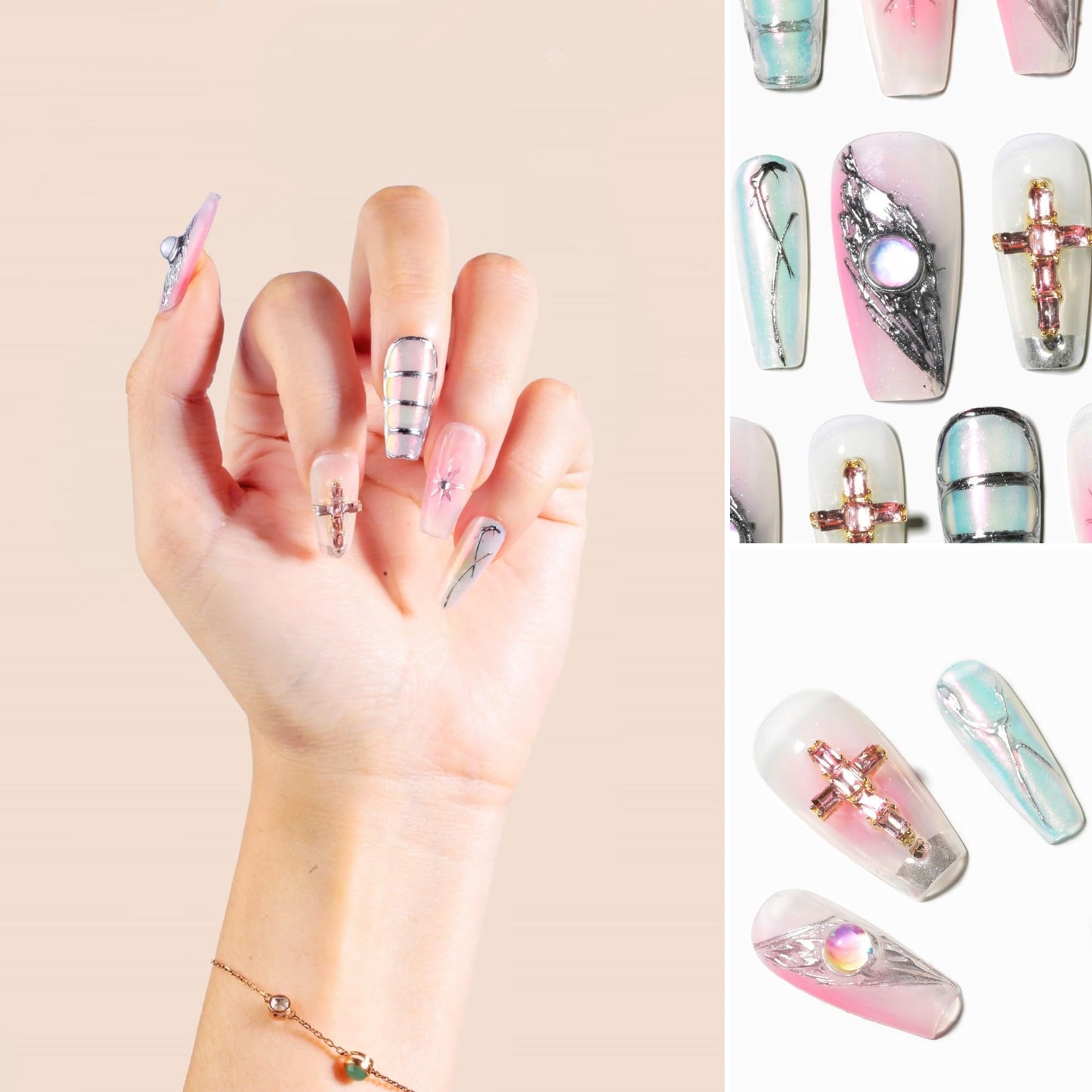 Sun&Beam Nails Handmade Press-on Medium Long Coffin Ballerina Pink Sliver Aurora Rhinestone Y2K Design False Nail Tips 10 Pcs (#137 S)