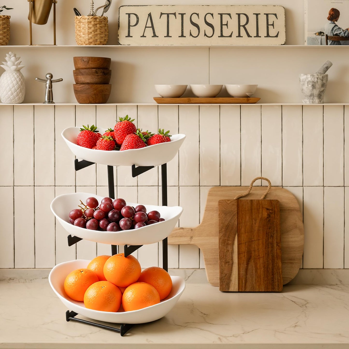 3 Tier Fruit Bowl for Kitchen Counter - Tiered White Fruit Stand, Easy to Assemble & Clean, Sturdy Plastic Fruit Storage Container for Fruits, Vegetables, Snacks, Elegant Serving Bowl for Home & Party