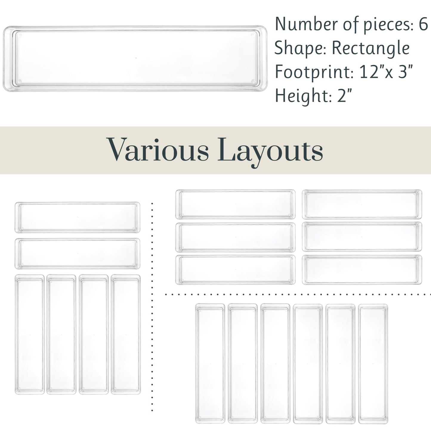 STORi SimpleSort 6-Piece Stackable Clear Drawer Organizer Set | 12" x 3" x 2" Rectangle Trays | Narrow Makeup Vanity Storage Bins and Office Desk Drawer Dividers | Made in USA