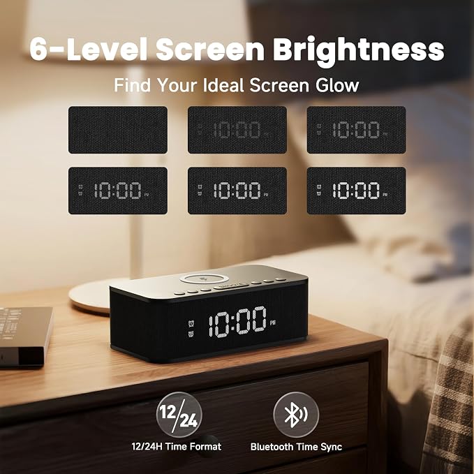 Digital Alarm Clock White Noise, Loud Digital Alarm Clocks Bedrooms, Alarm Clock Speaker Wireless Charger AUX USB Bluetooth Speaker 12/24H Dual Alarm Snooze Adjustable Brightness, Black