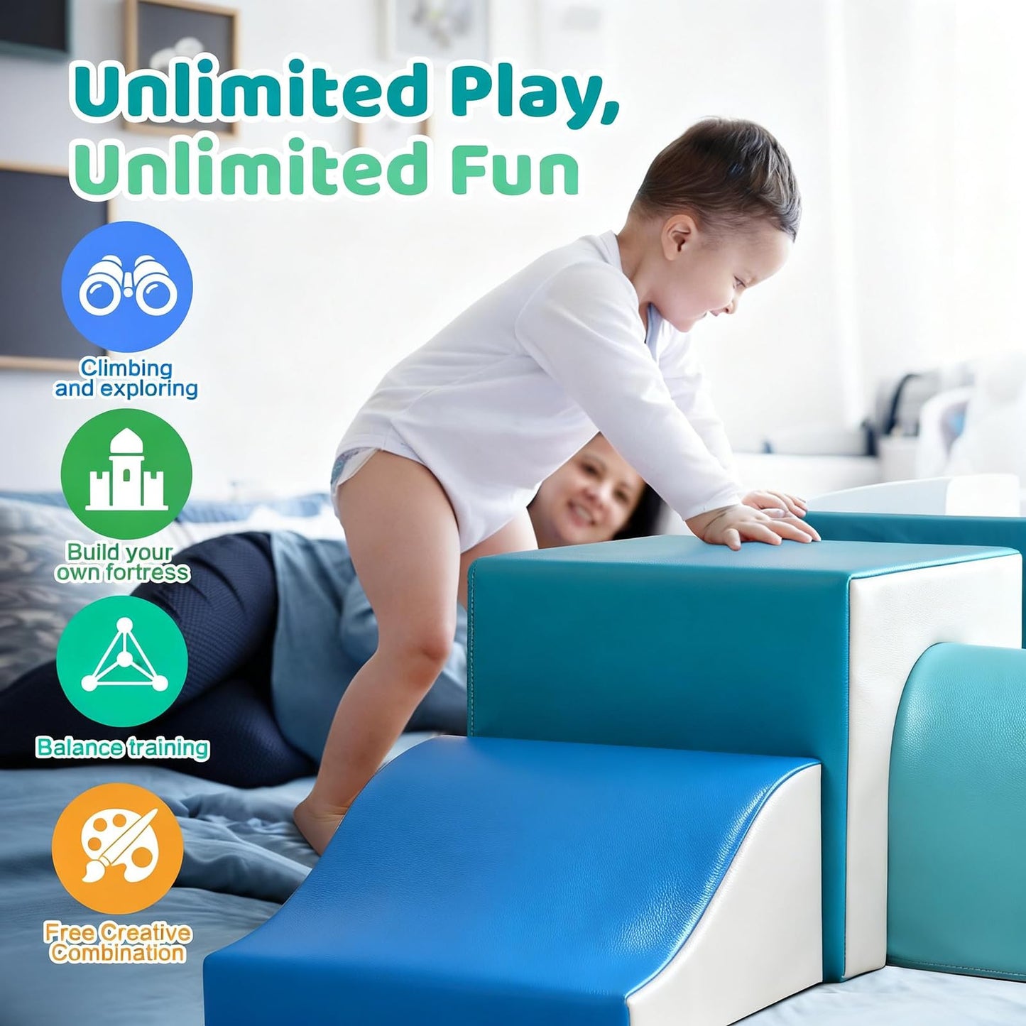 Sumbababy Foam Climbing Blocks for Toddlers: with a Tunnel - 4 PCS Foam Blocks - Kids Indoor Climbers Play Structures Play Gym Soft Climber with Slide and Stair Soft Playground Green