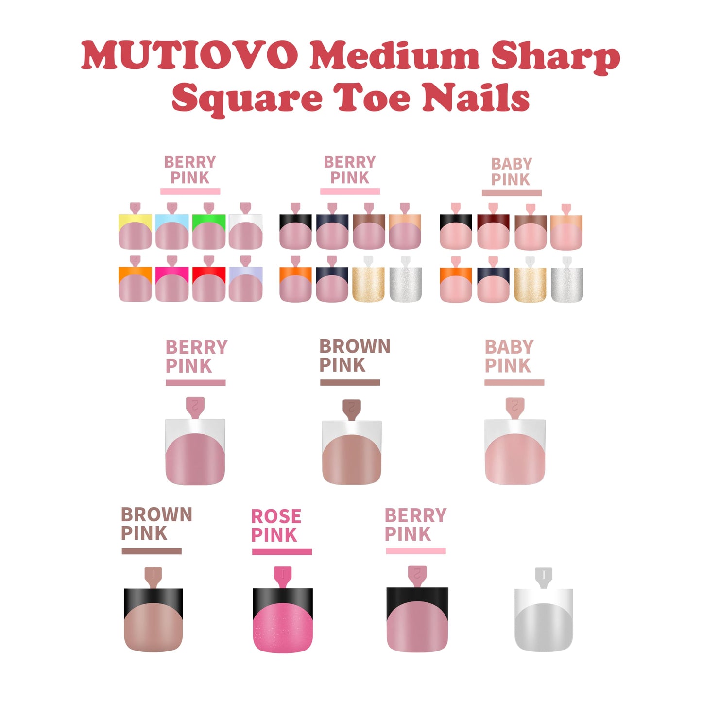 MUTIOVO French Tip Toe Nail Tips Press on, Sharp Square Pre-Designed Soft Gel False Toenail Extension, BERRY PINK Pre-applied Tip Primer & Base Coat, Full Cover Acrylic for DIY x 15 Sizes 240 pcs