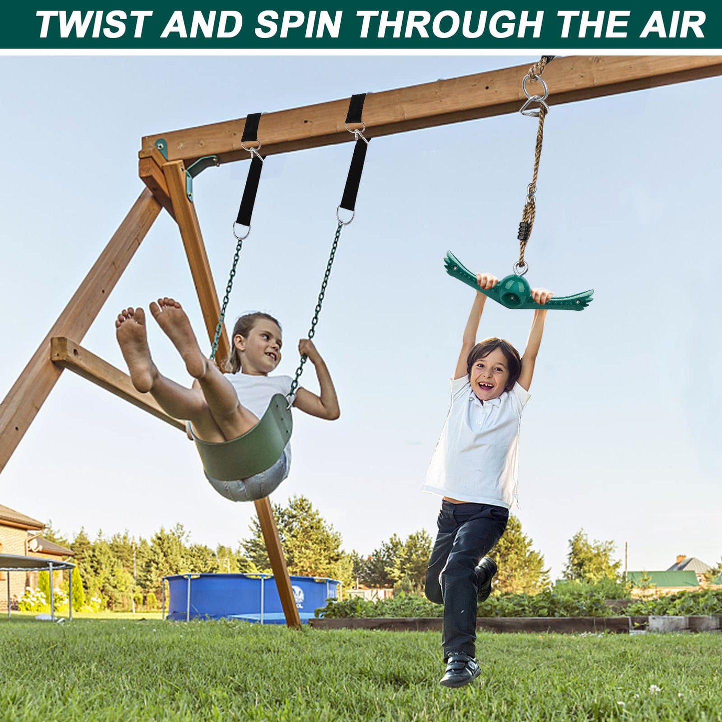 YAMIPROBI Swing Spins Set: 360° Handle Twist-Spin Flips Toy - Slackline Attachments Activate Play Powers - Accessories for Kids' Playground and Backyard Fun, Green