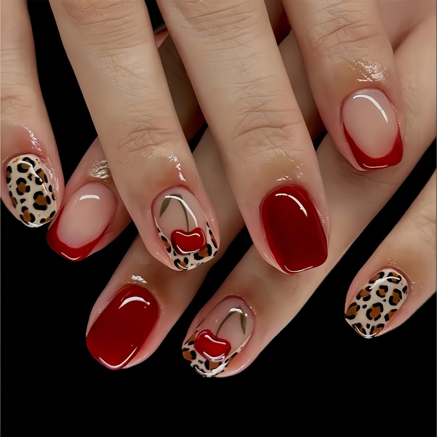 Vopintpy Cherry Red Press on Nails Short Square Fake Nails with Design Glossy Acrylic Glue on Nail Reusable Full Cover Artificial Stick on Nail for Women DIY Manicure