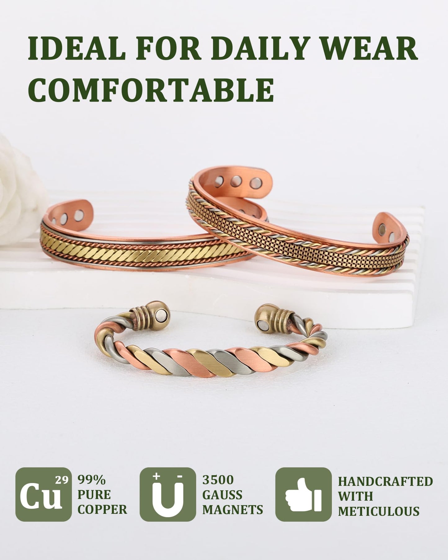 MagEnergy Copper Bracelets for Women Men, Set of 3 Pcs, Magnetic Therapy, Handmade 99% Copper Cuff Bracelet, Jewelry Gift Box