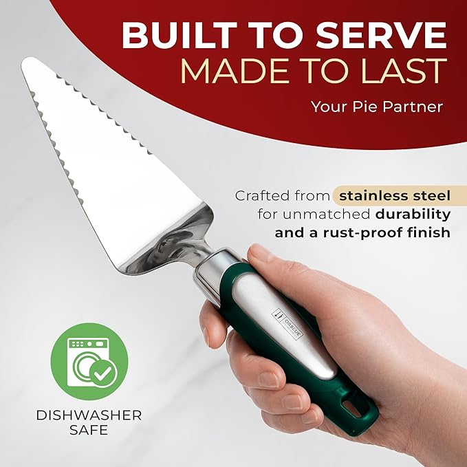 Orblue Pie Server, Essential Kitchen Tool, Serrated on Both Sides, Great for Right or Left Handed Chef, Stainless Steel Flatware, Cake Cutter, Dark Green