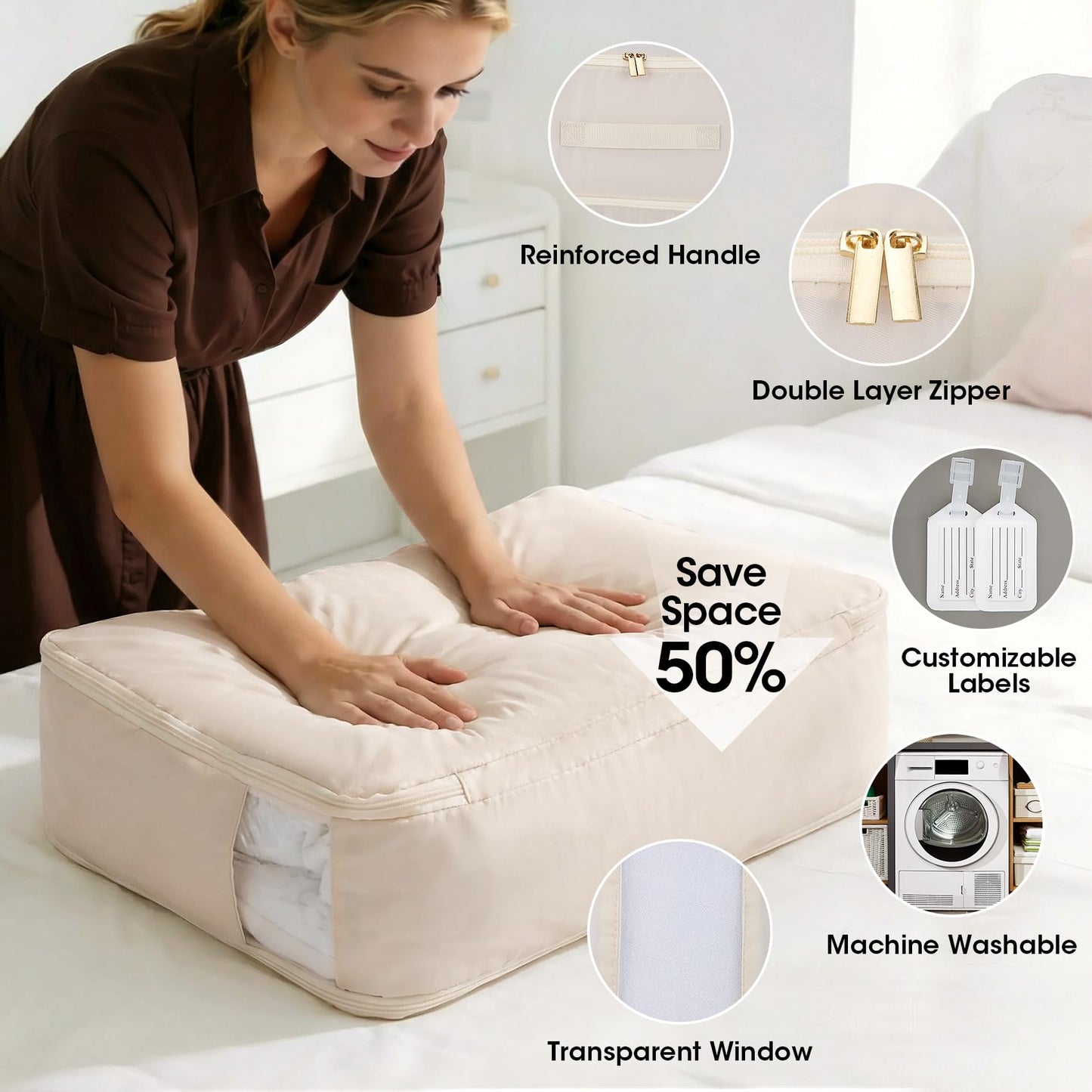 4 Pack Comforter Storage Bag, 68L Blanket Storage Bags Self Compression Comforter Organizer and Storages, Space Saving Washable Compression Bags for Blanket Bedding Pillow Duvet Quilt, Beige