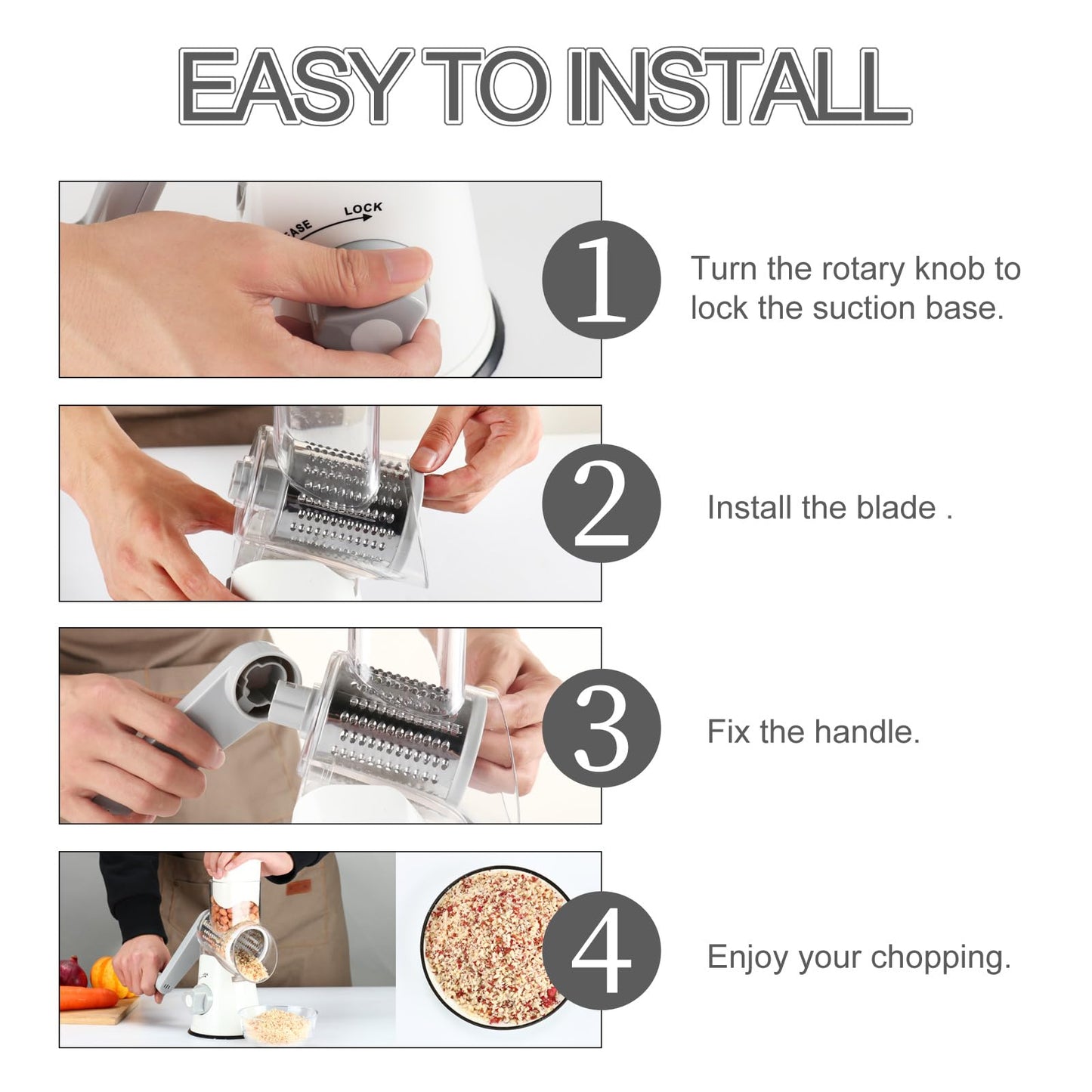 Ourokhome Rotary Cheese Grater Hand Crank, Kitchen Shredder Speed Mandolin Slicer Nuts Grinder with Handle and Drum Blades for Cheese, Vegetable, Walnuts, Chocolate, Potato, Carrot, 3 Blades, White