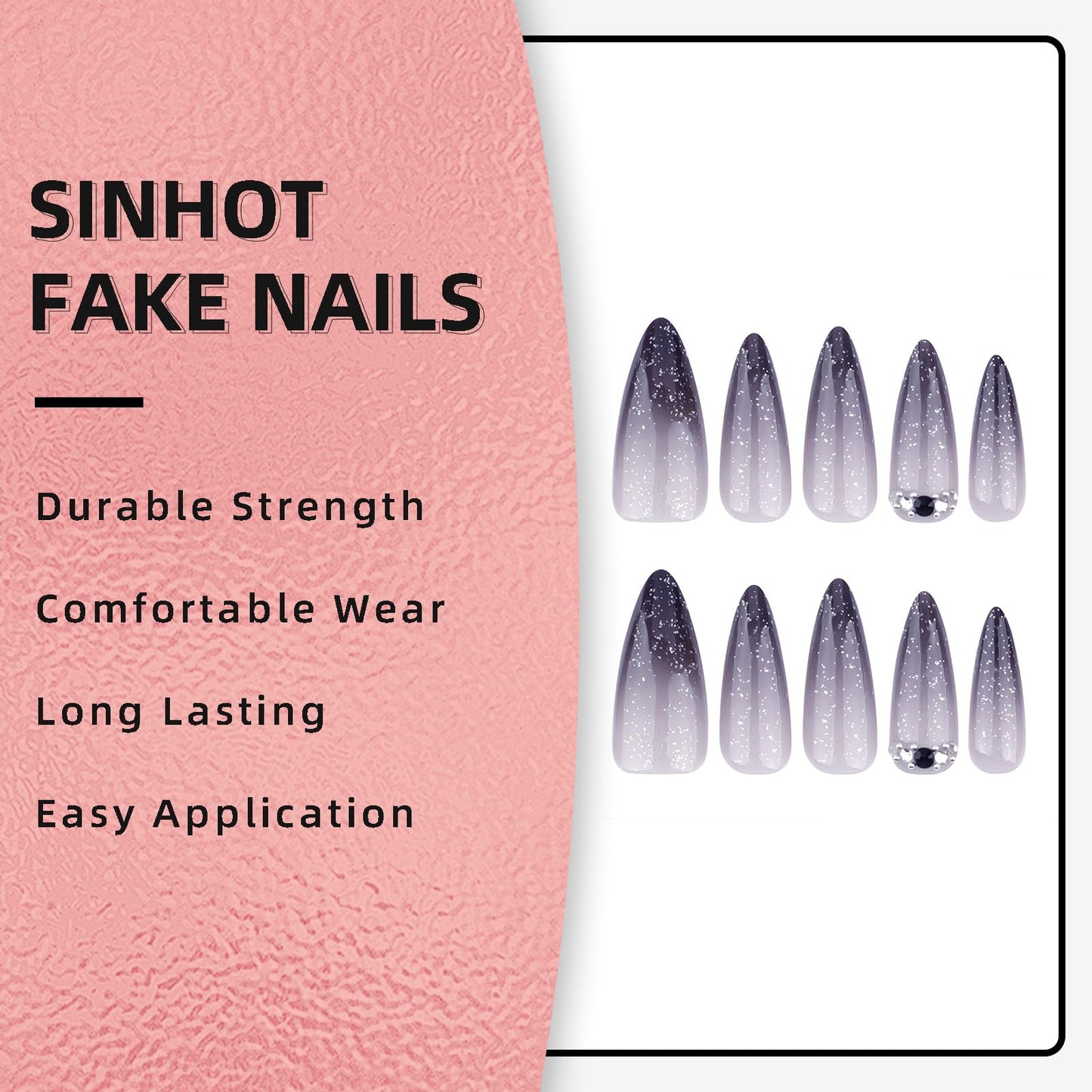 SINHOT Stiletto Press on Nails Long Fake Nails Glossy Glue on Nails Black Gradient Acrylic Nail Almond Artificial Nail Bling Glitter False Nail with Design 24 pcs