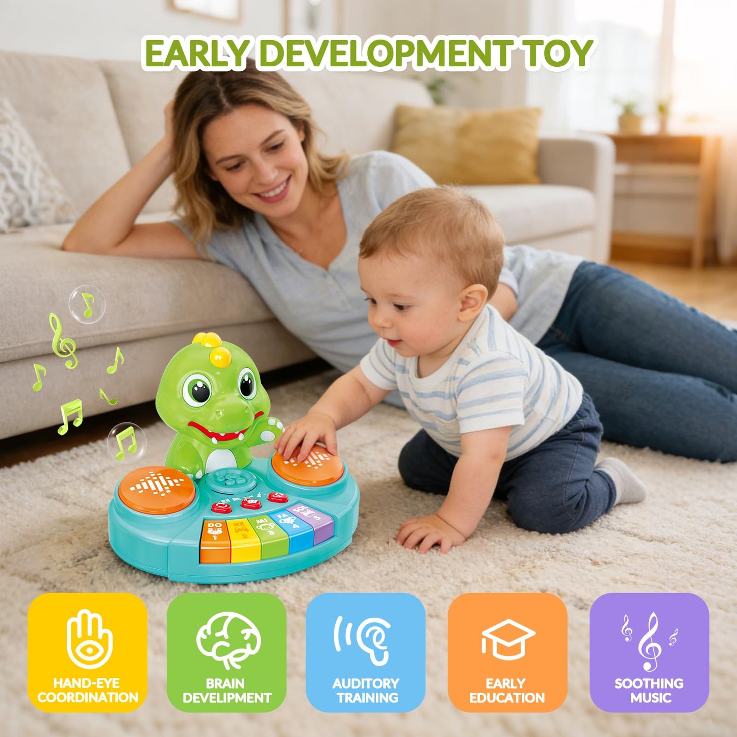 DPDos Dinosaur Baby Piano Toy with Animal Sounds, Light Up Educational Keyboard, Interactive Musical Toys for Babies 6-12 Months and Toddlers