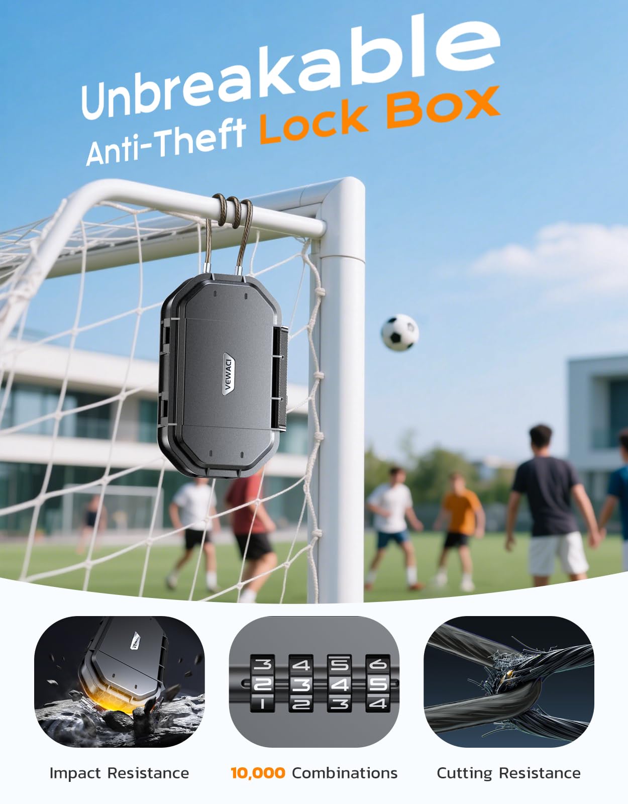 Vewaci Portable Travel Safe Lock Box Waterproof & Durable, 4-Digit Combination Anti-Theft Personal Beach Safe with Removable Steel Cable, Small Security Case Lock Box for Beach/Travel/Hotel/Dorm