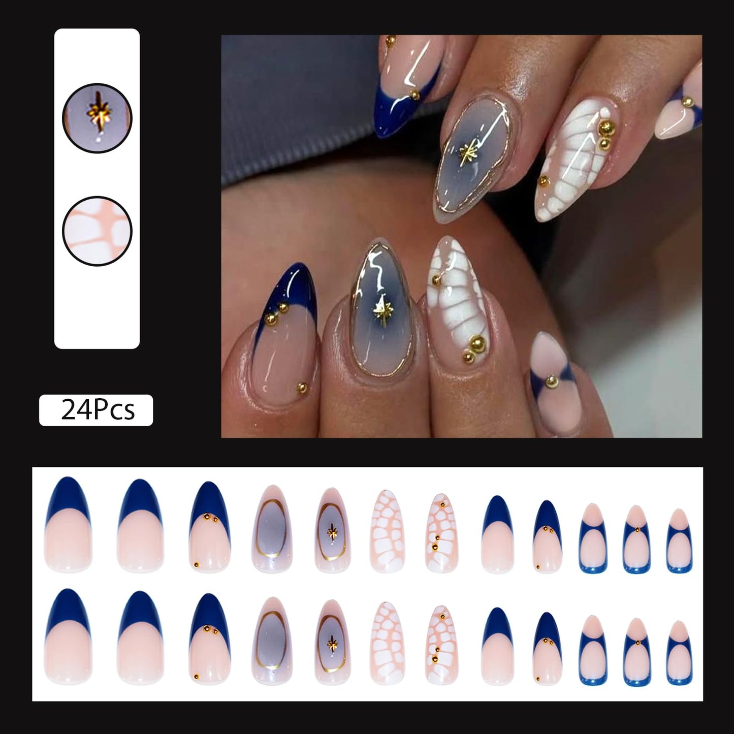 VOTACOS 24PCS Dark Blue French Tip Press on Nails Almond Medium Nude Acrylic Fake Nails Press Ons with Designs Golden Bead Star Glue on Nail for Women Blush Reusable Artificial Stick on False Nail