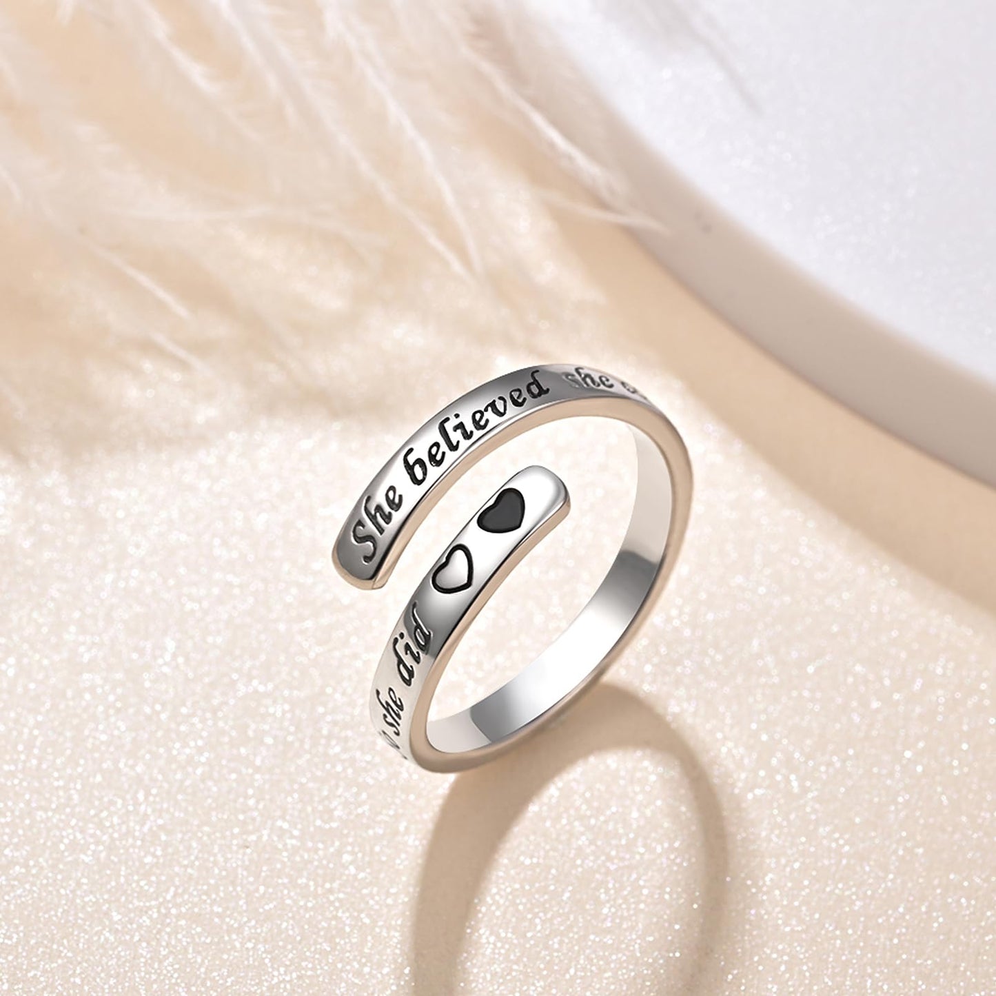 925 Sterling Silver Inspirational Jewelry Adjustable Wrap Open Ring Encouragement Gift for Women(She believed she could So she did)
